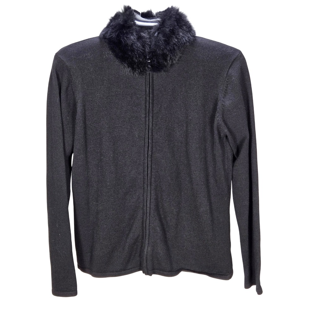 Women's Y2K Medium Black Faux Fur Collar Full Zip Knit Cardigan Whimsigoth